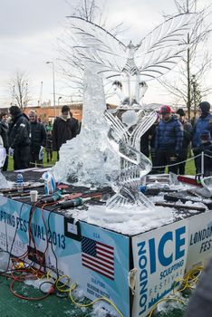 LONDON, UK - JANUARY 13: Artists compete in the freestyle category at the London Ice Sculpture Festival, in Canary Wharf. January 13, 2013 in London.