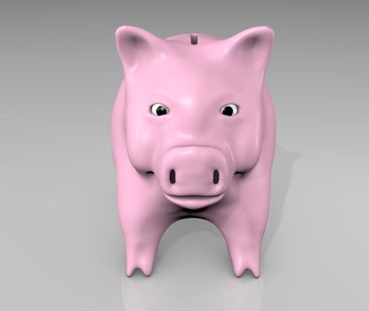 a close-up of a small pink piggy that is looking straight in front of him on a gray ground