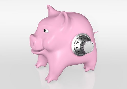 a happy pink piggy bank that has a metal knob of combination on his left side stays on a reflected floor with a neutral background