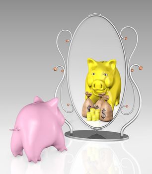 a pink piggy bank is mirroring himself in front of a elaborate mirror design and sees himself richer, golden and full of money