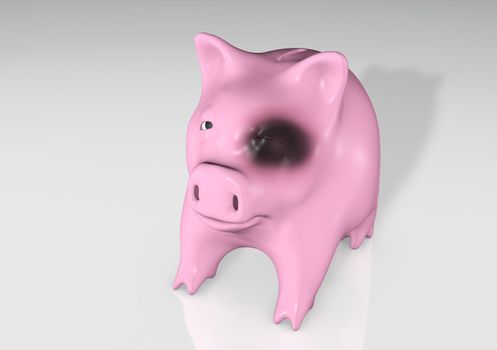 a sad and aching pink piggy bank with a close black eye stays in front of the camera on a reflecting floor