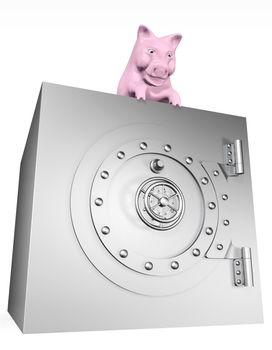 a pink piggy bank is watching down from the top of a heavy metal safe with a closed circular door on a white background