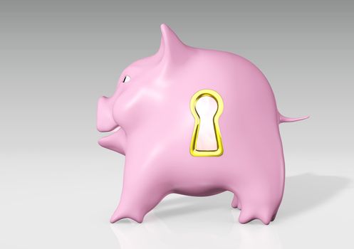 a happy pink piggy bank seen from a side view has a golden edge keyhole on his side with some light inside