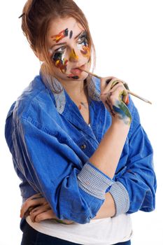 Beautiful girl with brushes. Isolated on white background.
