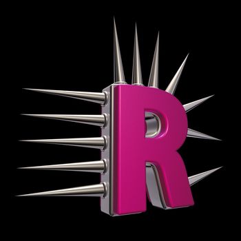 letter r with metal prickles on black background - 3d illustration