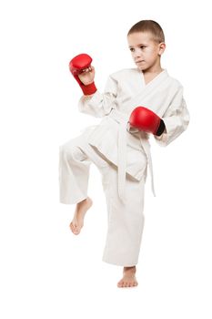 Martial art sport - child boy in white kimono training karate punch or kick