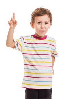 Amazed or surprised child boy gesturing exclamation point finger sign
