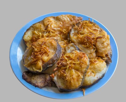 Dish with fried catfish isolated on a gray background