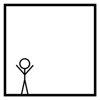 Black stickman on white background in a black square box