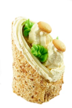 Cake in the form of stump with mushrooms on an isolated white background