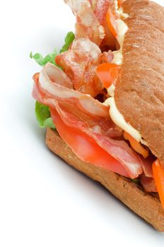 Big Tasty Ciabatta Sandwich with Fried Bacon, Lettuce, Tomato and Cheese Sauce isolated on white background