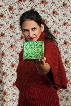 Woman in red over colorful floral background