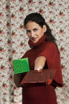 Woman in red over colorful floral background