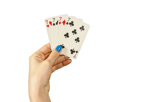 A hand holding 4 Lucky seven over white