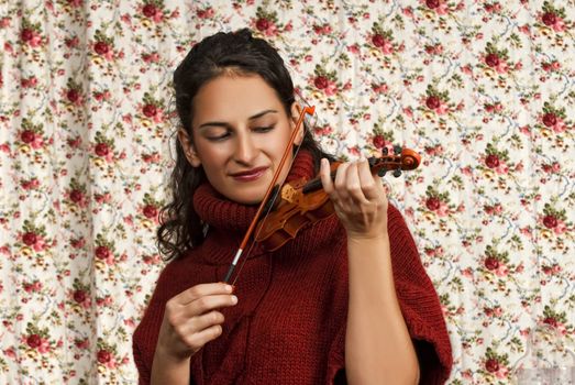 Woman in red over colorful floral background