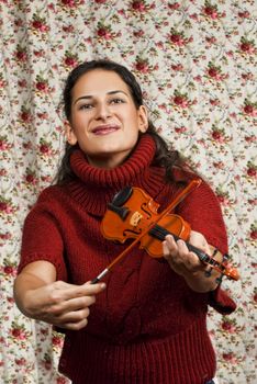 Woman in red over colorful floral background