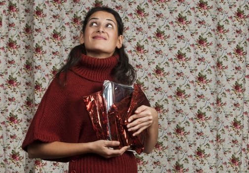 Woman in red over colorful floral background