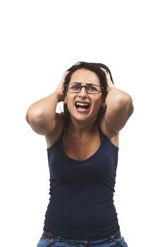 Portrait of attractive surprised excited scared screaming girl, hold hands on head, open mouth with glasses, isolated over white background concept of worried student, stressed and freaking out woman