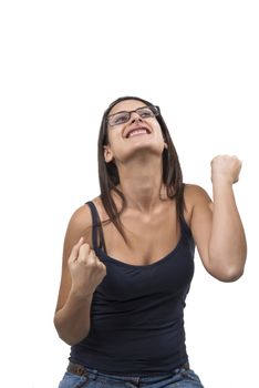 Woman enjoying success with clenched fists with glasses