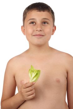 Boy eating a sprig of lettuce. Healthy diet concept 