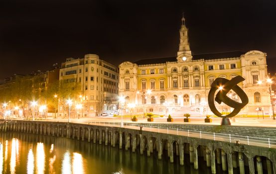 Nightview of Bilbao city hall, in Spain