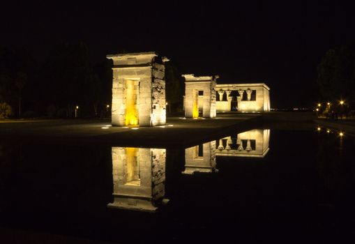 Night view of Debod's Temple in Madrid, Spain