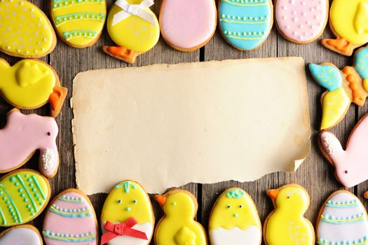 Easter homemade gingerbread cookie over wooden table