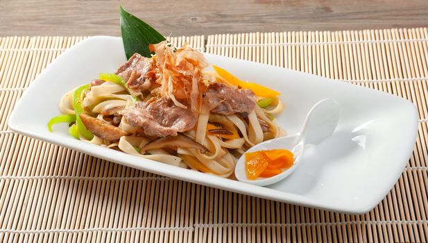 Japanese cuisine .noodles with meat and eggplant