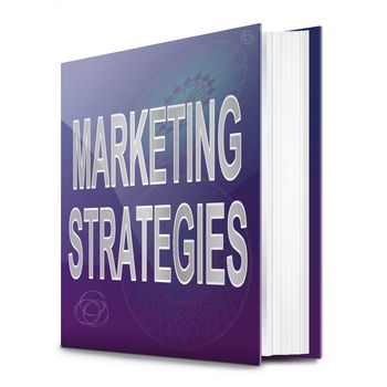 Illustration depicting a book with a marketing strategies concept title. White background.