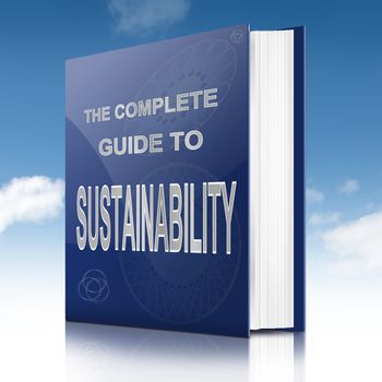Illustration depicting a book with a sustainability concept title. Sky background.