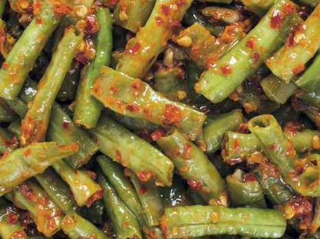 close up of stir fried long beans in chili shrimp paste