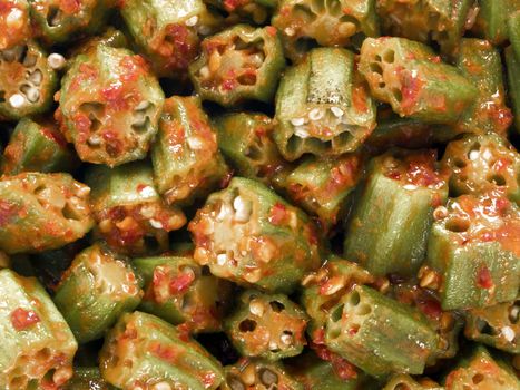 close up of okra in chili shrimp paste food background