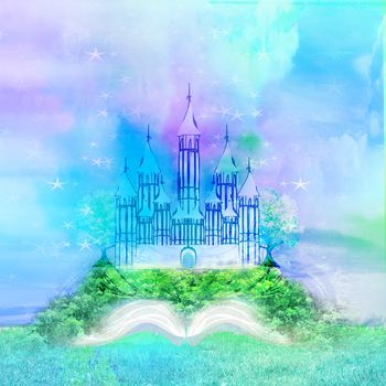 Magic world of tales, fairy castle appearing from the book