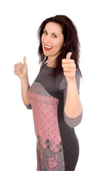 Happy smiling business woman with thumbs up gesture, isolated on white background