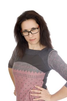 Young angry woman in glasses on white background