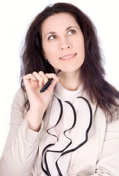 Closeup portrait of a young woman with pen isolated on white