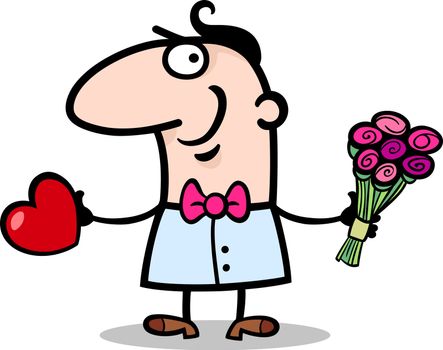 Cartoon St Valentines Illustration of Happy Funny Man in Love with Valentine Card and Bunch of Flowers