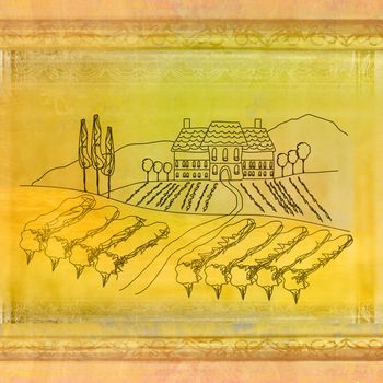 wine label - hand drawn vineyard, grunge background