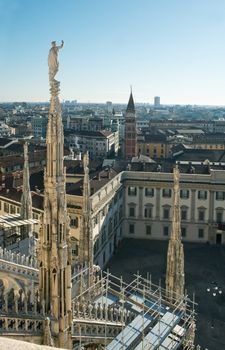 Statues of the Duomo in Milan on a winter evening