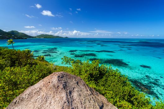View of Caribbean Sea and Providencia as seen from the top of Crab Caye in San Andres y Providencia, Colombia