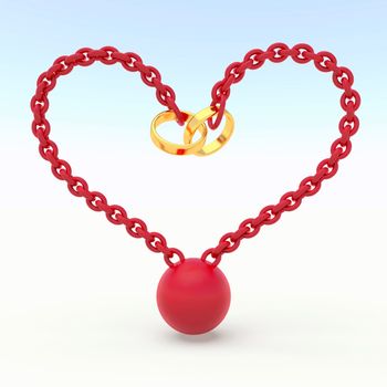 Abstract concept: Love fetters. Wedding rings are connected by a chain in the form of heart.