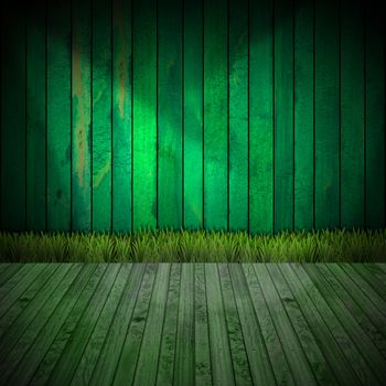 Green wooden grunge interior with green grass on wood floor