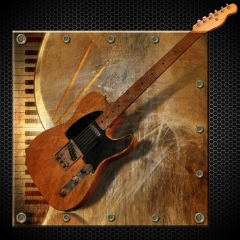 Grunge and brown musical background with piano, electric guitar and drum sticks
