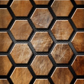 Rusty and brown grunge template with hexagons on a metallic and black background
