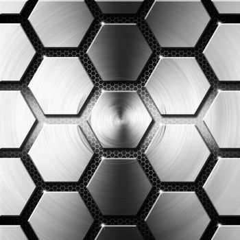 Metallic gray hexagons on a black background with Hexagons
