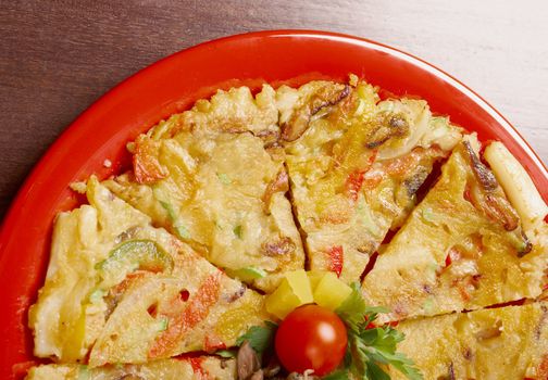 Japanese food close-up Okonomiyaki.(Japanese pizza)