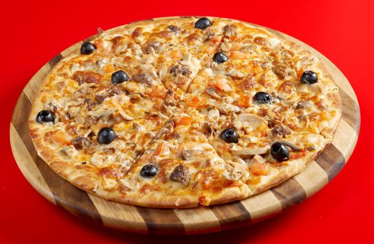 Pizza with ginger beef. italian kitchen. Studio