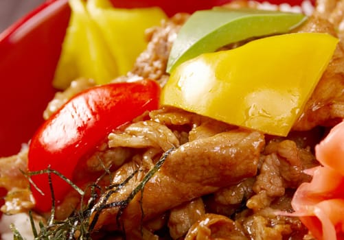 pork slice with rice and vegetable