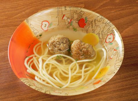 soup with meatballs.closeup  for child