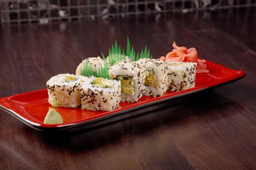 Japanese sushi  traditional japanese food.Roll made of Smoked fish